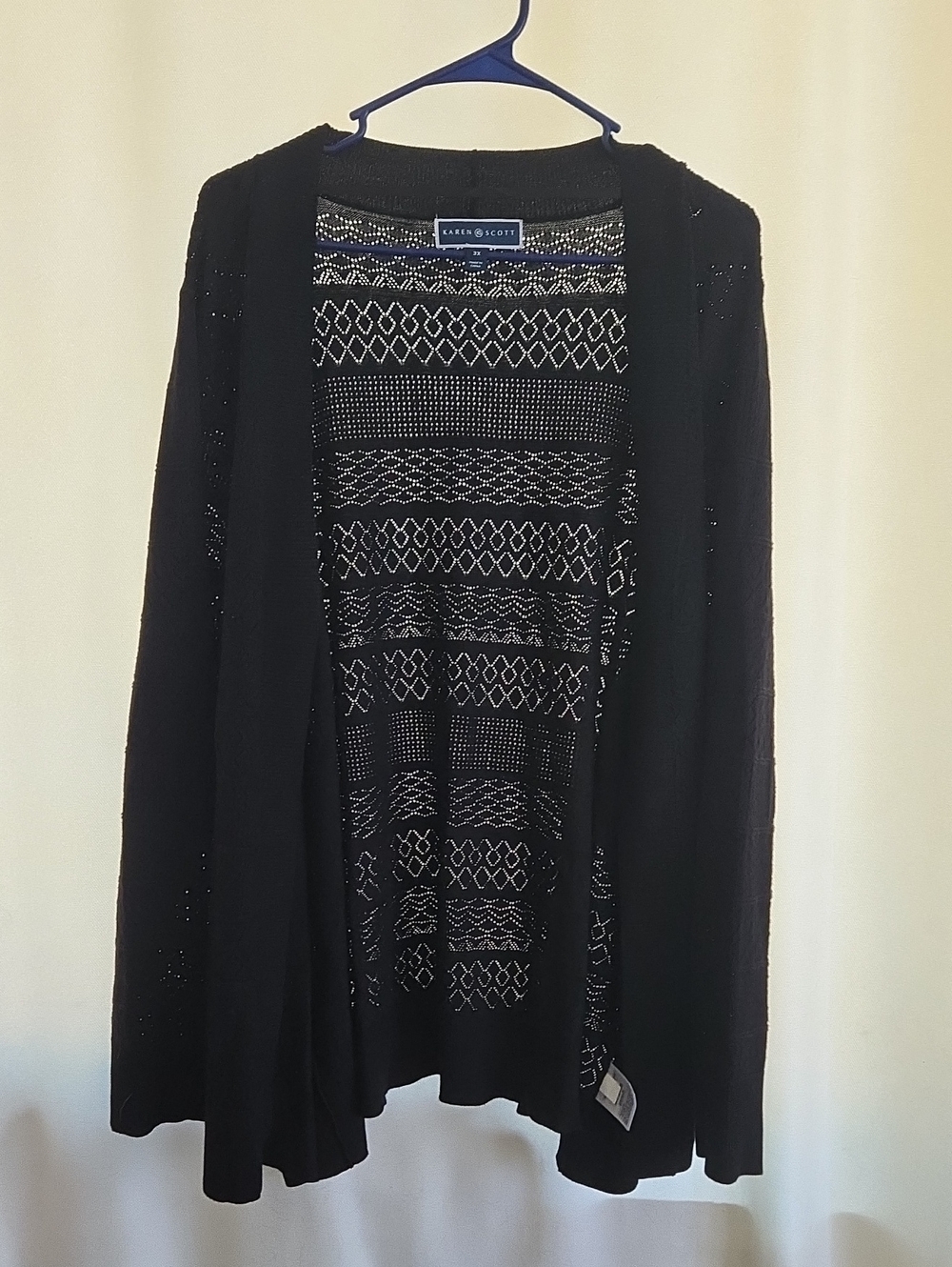 Karen Scott Black Open-Front Knit Cardigan with Patterned Back Panel